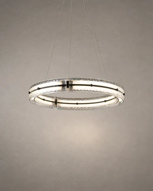 Nova Modern Circular Chandelier Nova circular chandelier featuring a suspended illuminated ring in Black, Smokey, and White