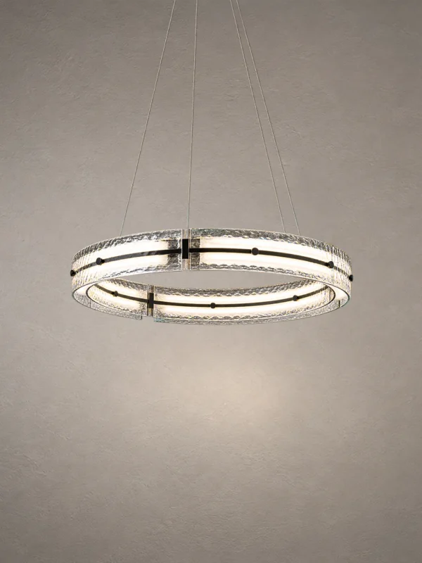 Nova circular chandelier featuring a suspended illuminated ring in Black, Smokey, and White