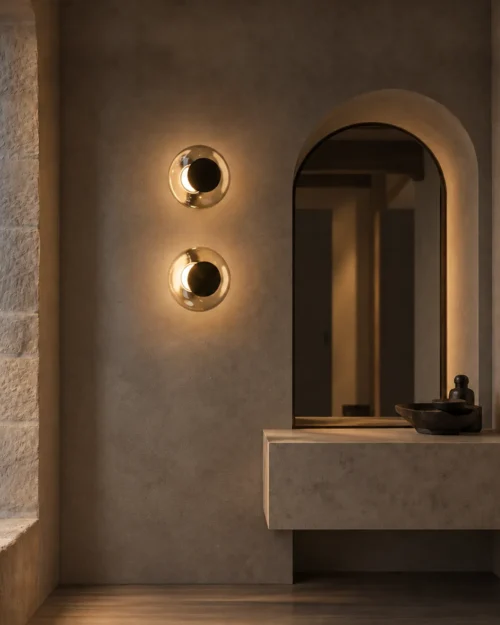 Pair of Orbe illuminated wall lamps beside an arched mirror in a contemporary interior
