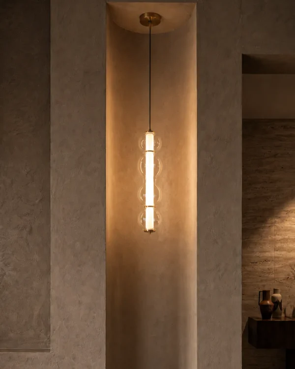 Orbis Vertical Pendant Light in Matte Brass and Cognac