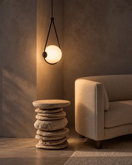 Orbit black triangular pendant light with an illuminated white globe above a sculptural side table