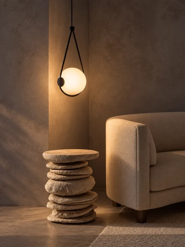Orbit black triangular pendant light with an illuminated white globe above a sculptural side table