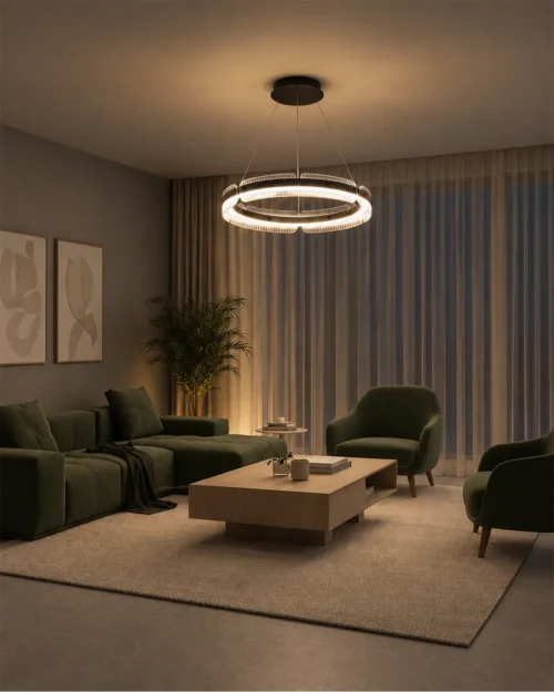 Oriel Chandelier Modern Living Room Oriel circular chandelier suspended above a contemporary living room with green upholstered seating