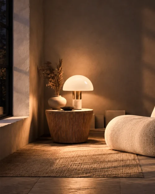 Orly white mushroom table lamp on a wooden side table beside a contemporary upholstered chair