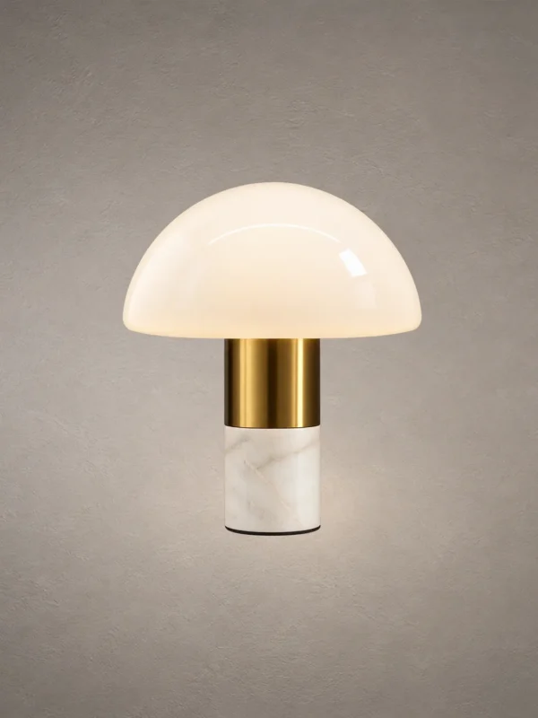 Orly White Mushroom Table Lamp Orly modern table lamp with a white dome-shaped glass shade, gold metallic detailing, and white marble base
