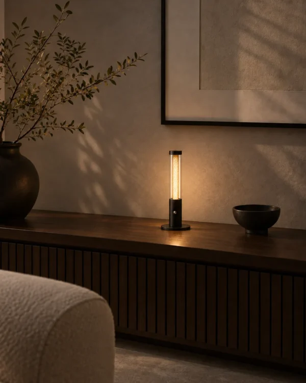 Oryn contemporary table lamp displayed in a modern bedroom interior