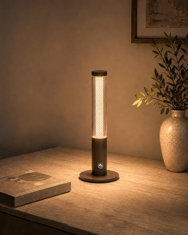 Oryn cylindrical table lamp displayed in a modern interior
