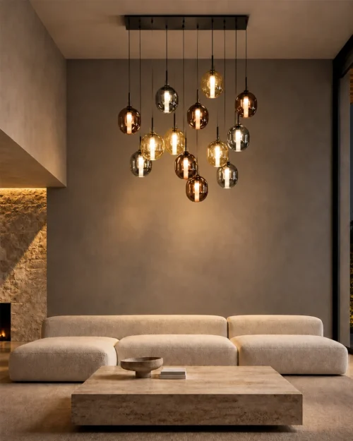 Osiris Cluster Chandelier Contemporary Living Room Osiris colorful glass cluster chandelier suspended above a modern sofa