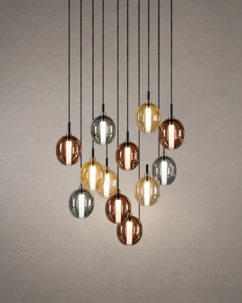 Osiris Colorful Glass Cluster Chandelier Osiris cluster chandelier featuring suspended oval glass pendants in multiple colors
