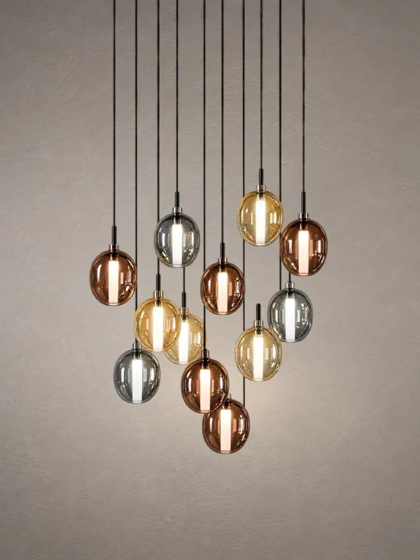 Osiris cluster chandelier featuring suspended oval glass pendants in multiple colors
