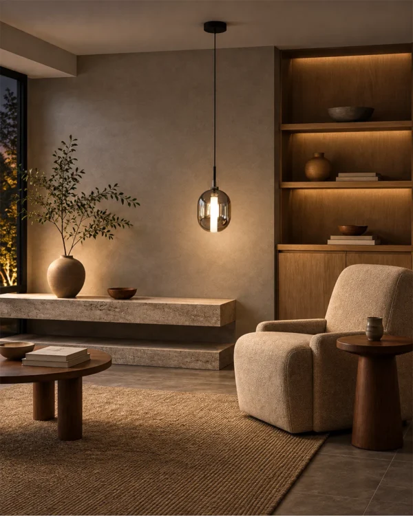 Osiris Pendant in Smokey Grey displayed in a contemporary living room