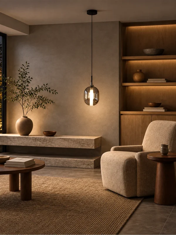 Osiris Pendant in Smokey Grey displayed in a contemporary living room
