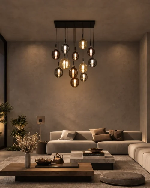 Osiris Rectangular Chandelier Living Room Osiris 13-light rectangular chandelier with colorful glass pendants above a contemporary living room