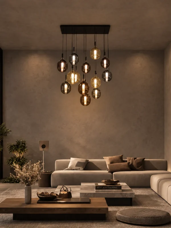 Osiris 13-light rectangular chandelier with colorful glass pendants above a contemporary living room