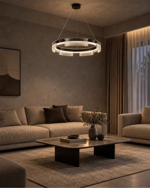 Pallas circular chandelier suspended above a contemporary living room seating area