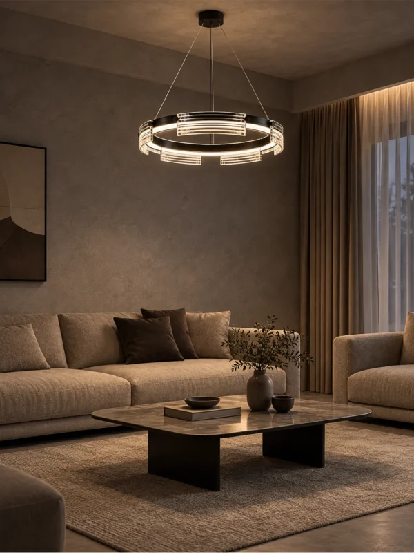Pallas circular chandelier suspended above a contemporary living room seating area