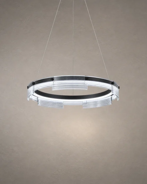 Pallas circular chandelier with layered illuminated ring in Black, Smokey, and White