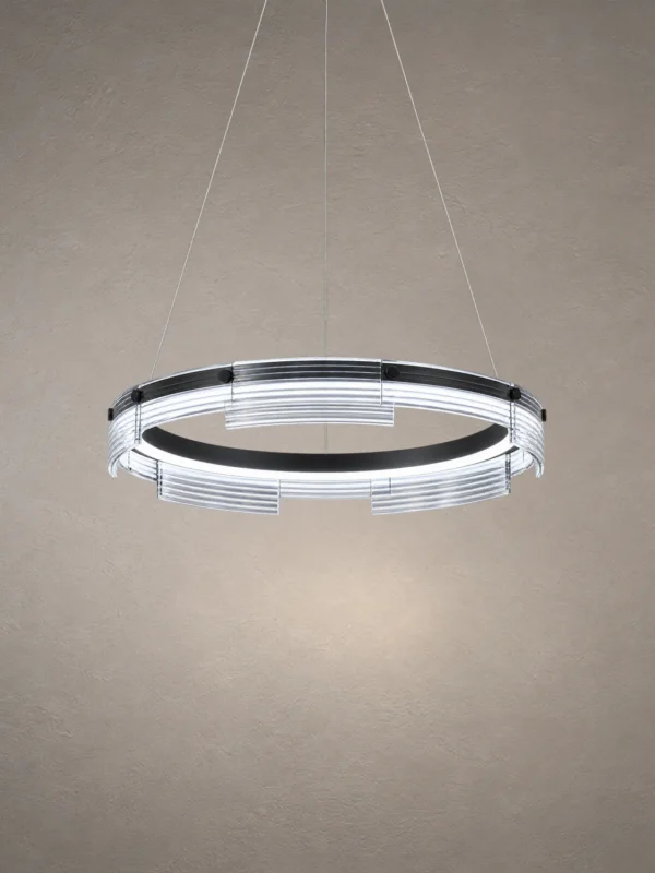 Pallas circular chandelier with layered illuminated ring in Black, Smokey, and White