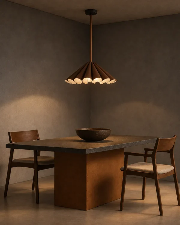 Pelias sculptural pendant light above a contemporary dining table