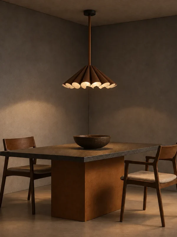 Pelias sculptural pendant light above a contemporary dining table
