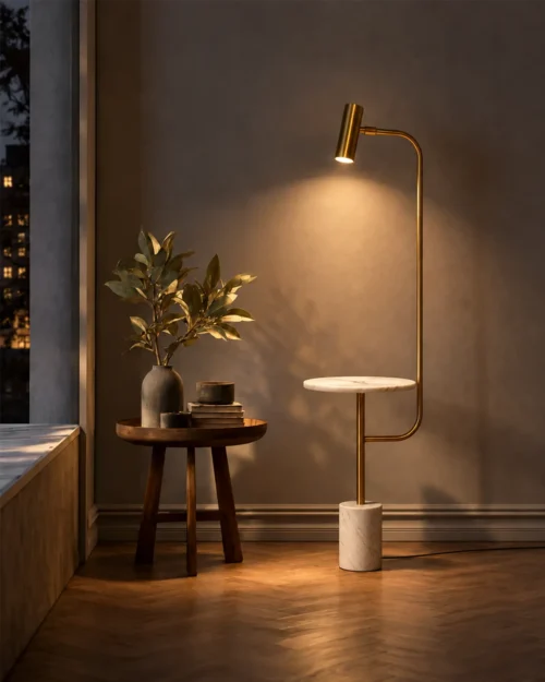 Radisson sculptural gold floor lamp illuminating a warm modern living room beside a wooden side table