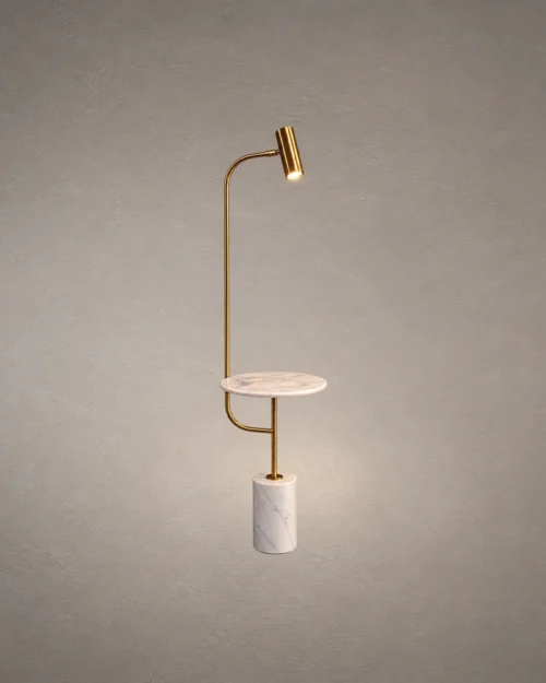 Radisson modern gold floor lamp featuring a curved frame, cylindrical spotlight, circular plate, and white marble base