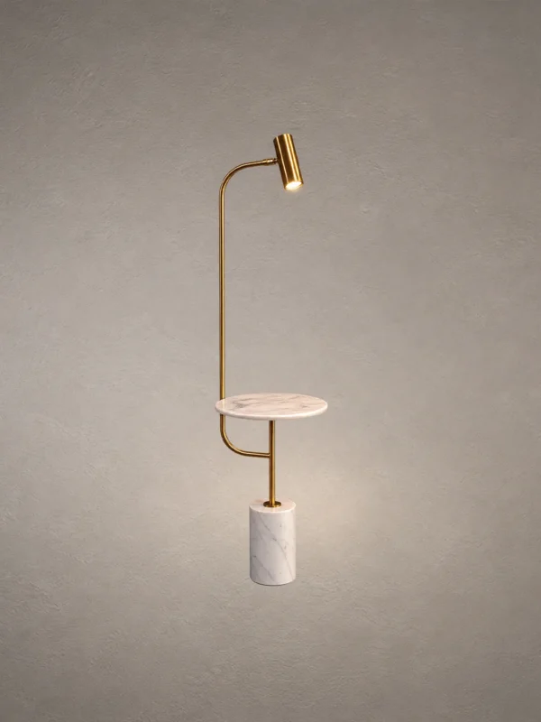 Radisson modern gold floor lamp featuring a curved frame, cylindrical spotlight, circular plate, and white marble base