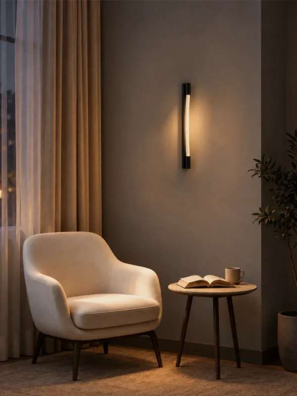 Razel wall lamp mounted vertically beside an upholstered chair in a warm contemporary living room