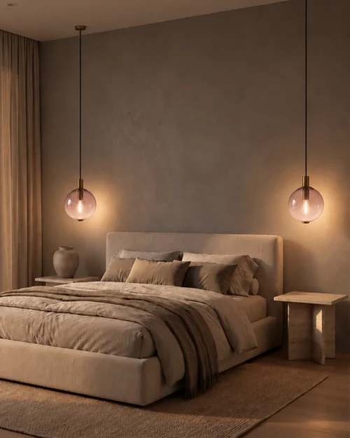 Two Ronde pink glass pendant lights suspended beside a bed in a modern bedroom