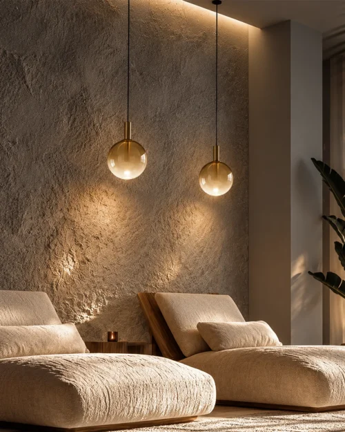 Two Ronde yellow glass pendant lights suspended above a contemporary seating area