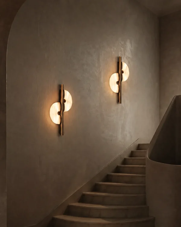 S-Shaped wall lamps illuminating a modern staircase