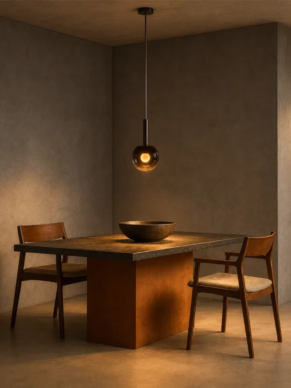 Sfera smoky glass pendant light suspended above a wooden dining table in a contemporary interior