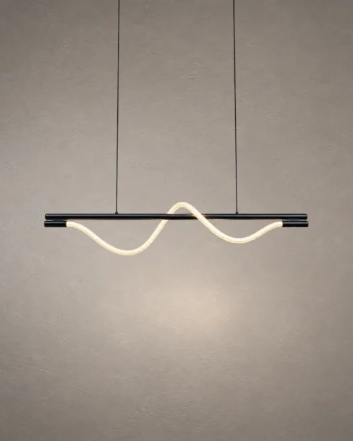 Sicily modern linear LED chandelier with a flowing illuminated wave and gun black frame