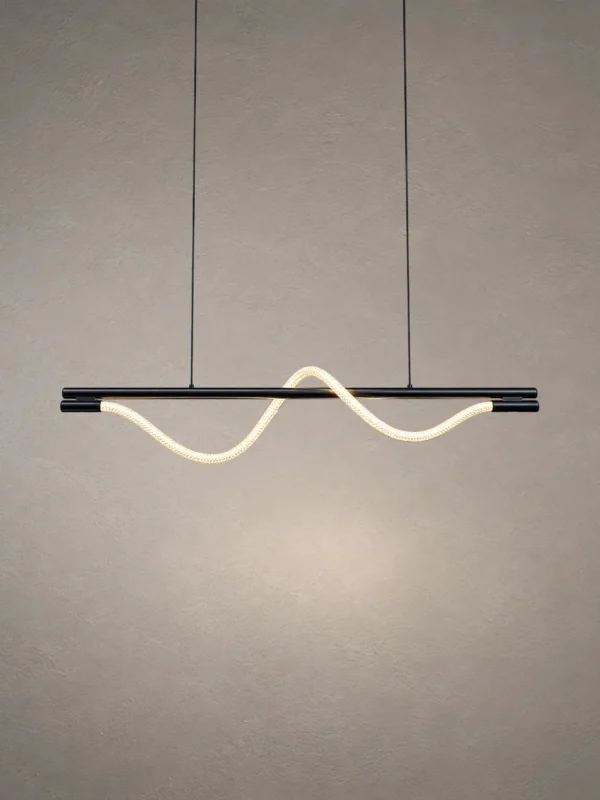 Sicily modern linear LED chandelier with a flowing illuminated wave and gun black frame