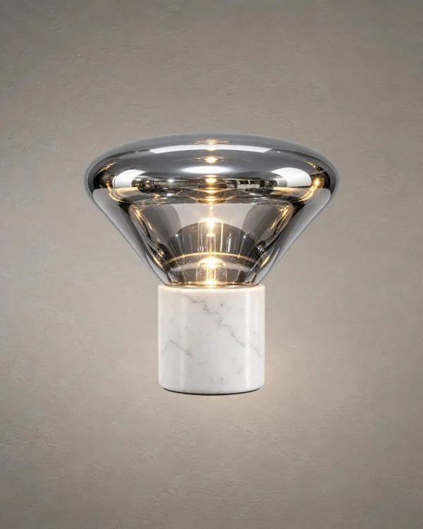 Silas table lamp with smoky grey glass shade and white base