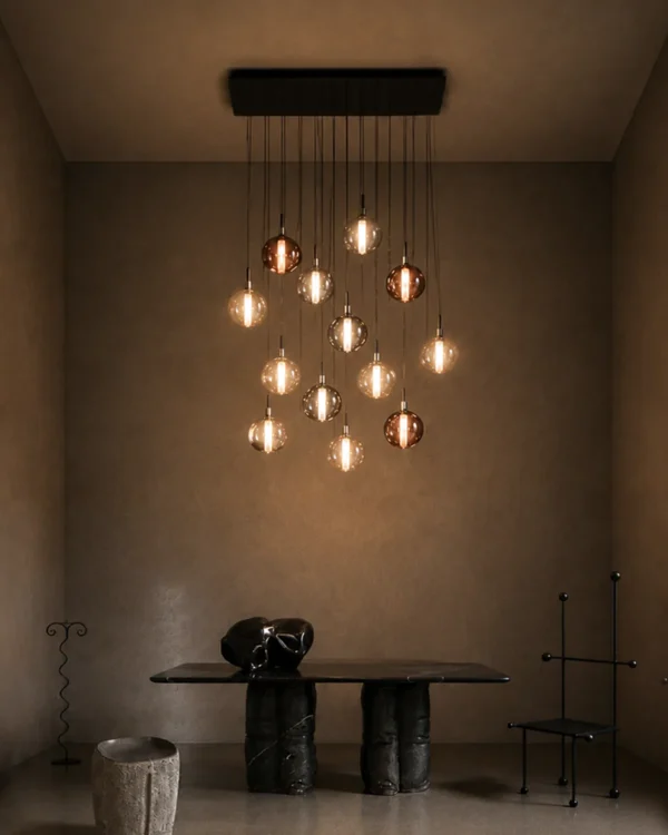 Siris rectangular chandelier with cascading glass pendants