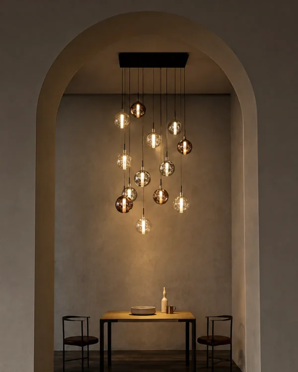 Siris rectangular chandelier illuminating a contemporary dining interior