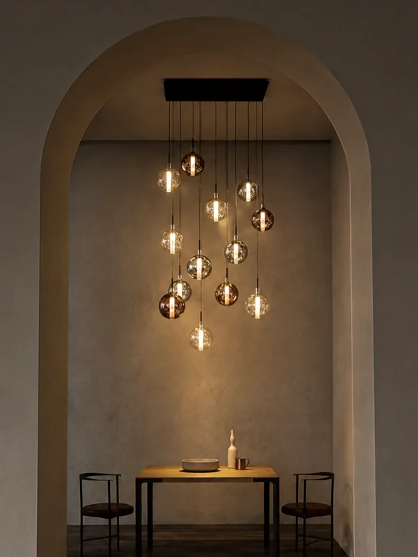 Siris rectangular chandelier illuminating a contemporary dining interior