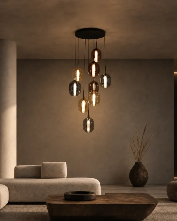 Siris round chandelier illuminating a contemporary living room