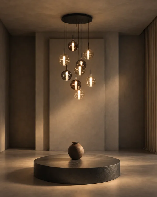 Siris round chandelier with cascading glass pendants in a modern interior