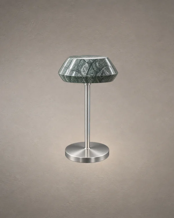 Soren table lamp with faceted translucent shade and silver base