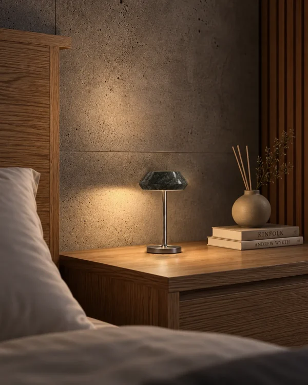 Soren table lamp on a bedside table in a contemporary bedroom