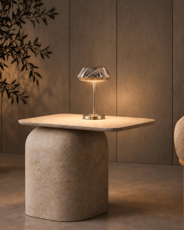Soren table lamp displayed on a side table in a contemporary interior