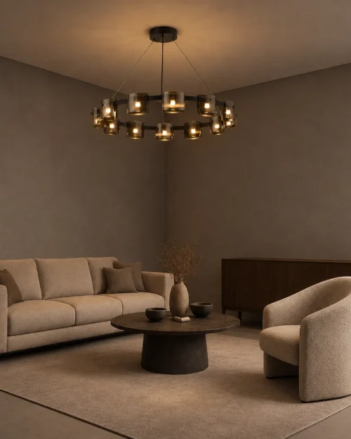 Svein chandelier suspended above a coffee table in a contemporary living room