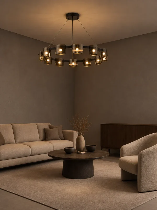 Svein chandelier suspended above a coffee table in a contemporary living room