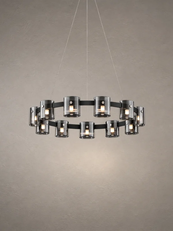 Svein modern circular chandelier with geometric black and smoky glass light holders