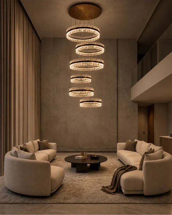 Tianna chandelier with layered circular rings in a contemporary living room
