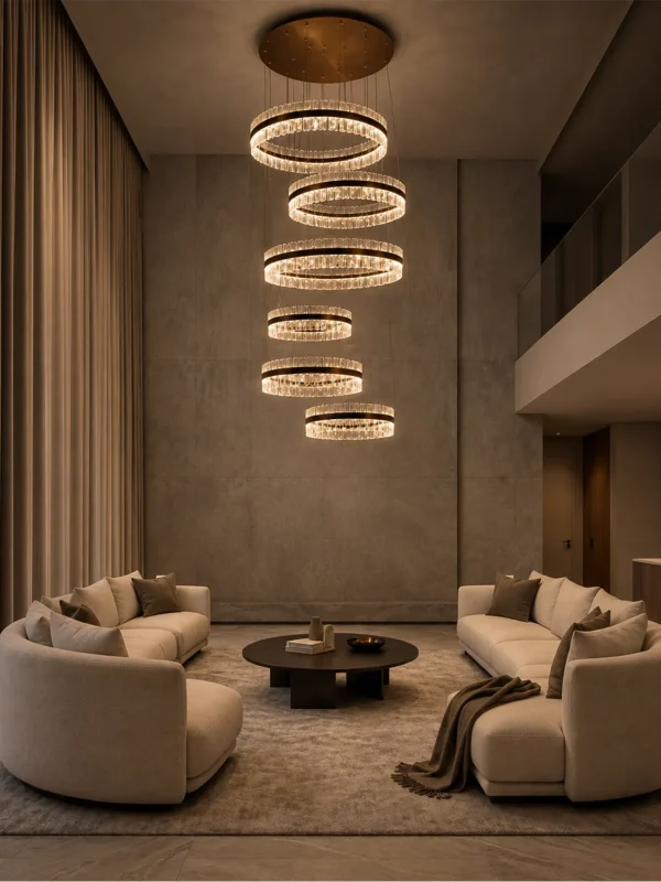 Tianna chandelier with layered circular rings in a contemporary living room
