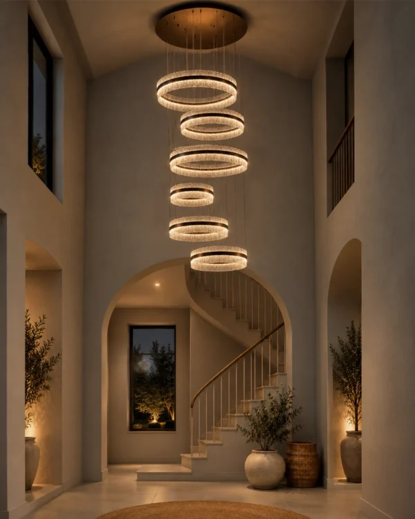 Tianna cascading chandelier with six illuminated rings in a contemporary staircase interior