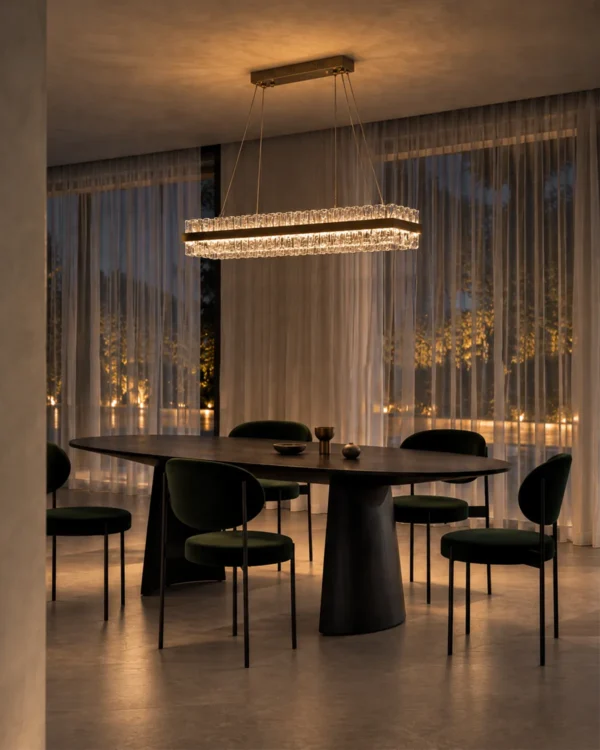 Tianna Rectangular Chandelier Dining Interior Tianna Rectangular Chandelier suspended above a contemporary dining table